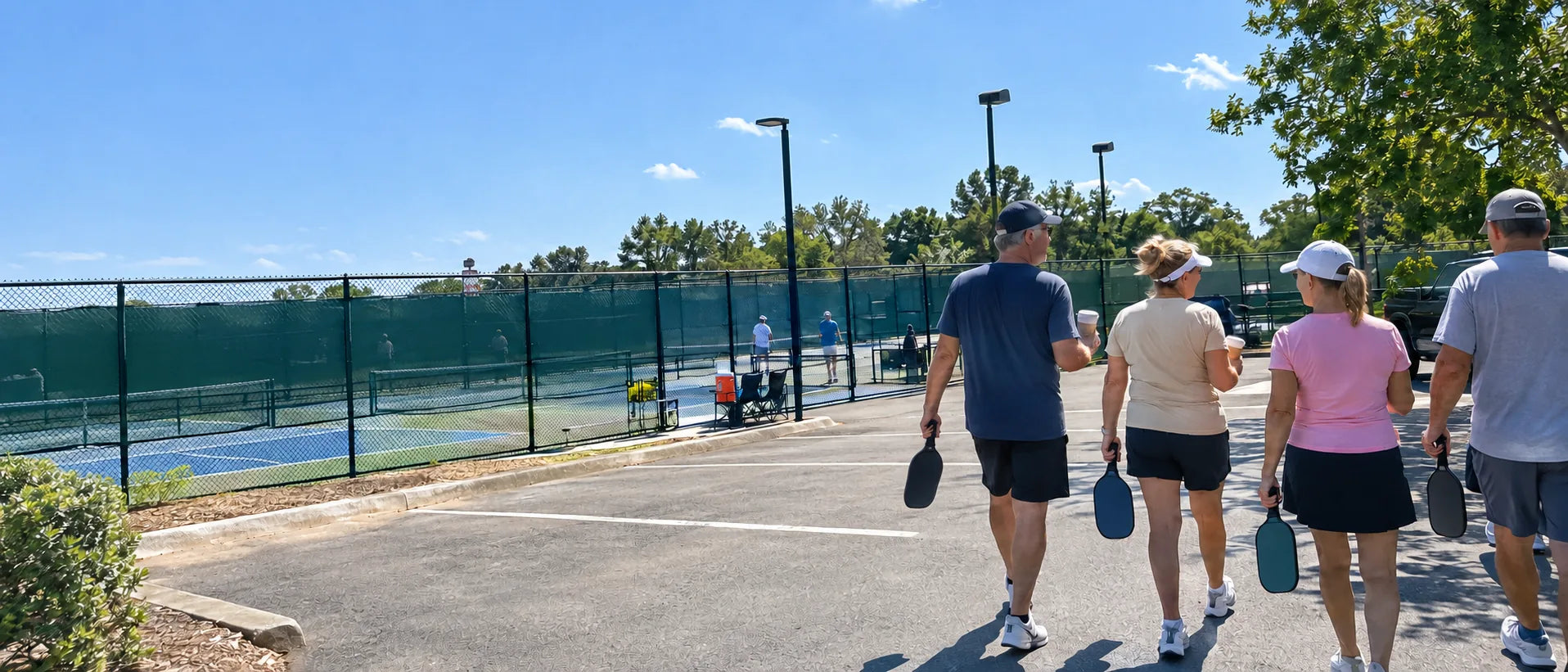 Four friends walking from the parking lot to the pickleball courts with coffee